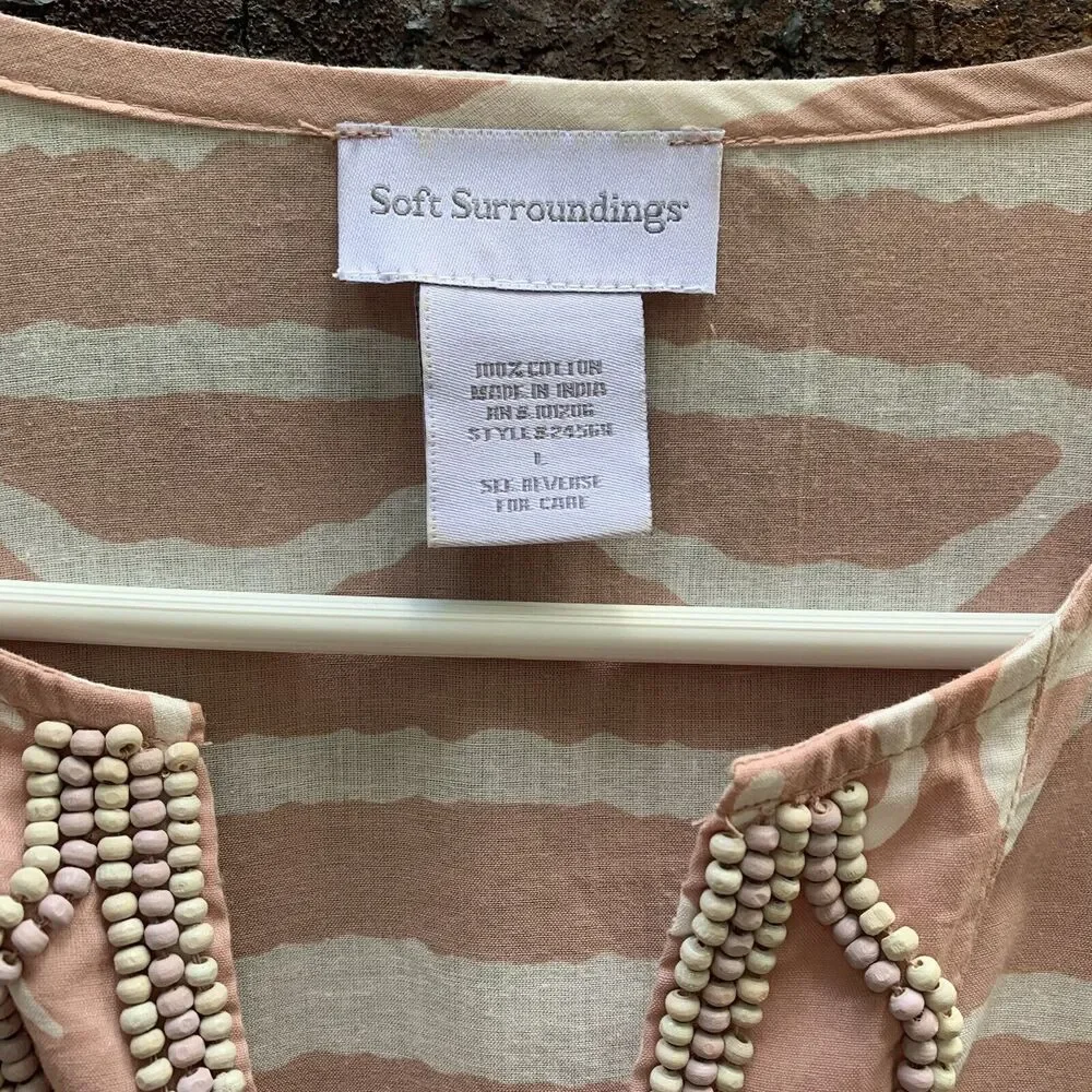 Soft Surroundings Pink White Tribal Top Tunic Cover Up Beaded Hook Closure Large - Picture 3 of 8